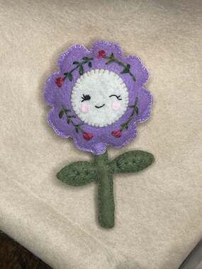 Handmade Embroidered Purple Felt Flower Plush with Smiling Face